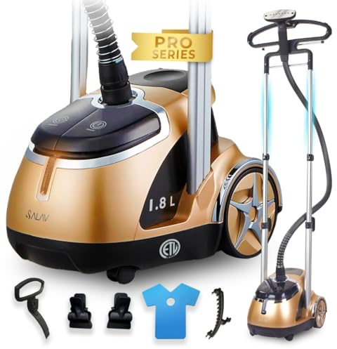 SALAV® Professional Standing Garment Steamer with Retractable Power Cord, Foot Pedal Control, Wheels for Easier Movement (Gold)