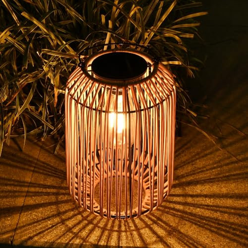 ZWOOS Solarlaterne für Außen Garten, Große Solar Rattan Latern, Hängend/ Stehend, Solarlampen für Balkon, Terrasse, Garten Deko