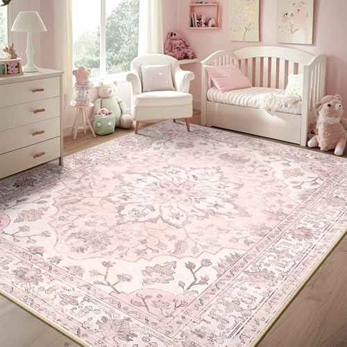 RELEANY Area Rugs 5'x7' Washable Non-Slip, Floral Vintage Distress Print Pattern Medallion Carpet for Living Room Bedroom Dining Room, Pink Greypink Cute