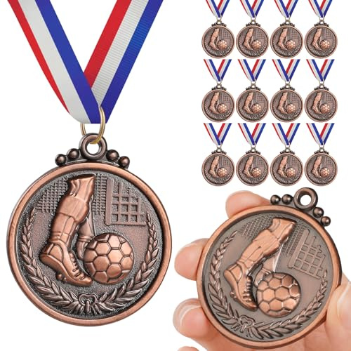 GeeRic 12 Piezas Medallas Niños Metal Futbol, Medallas para Niños Medalla de Bronce OlíMpico con Cintas para Niños y Adultos,Día del Deporte Escolar