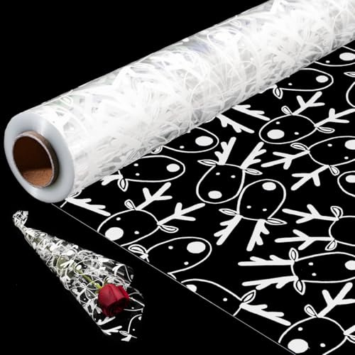 Rotolo di cellophane trasparente con stampa di alce, 80 cm x 20 m, per cesti, cesti, fiori, biscotti, decorazione