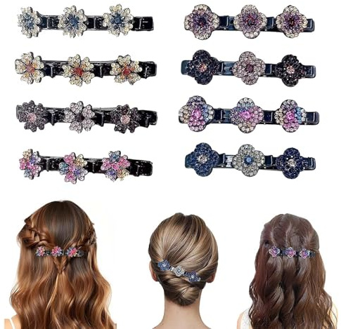 EnixwH Lot De 8 Pince Cheveux Femme, Pince Cheveux Fleur, Barrette Cheveux Femme, Pinces à Cheveux Double Couche, Pinces à Cheveux TresséEs en Pierre De Cristal Étincelante pour Femmes et Filles