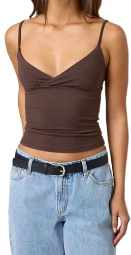 Edhomenn Women's Y2k Pleated Camisole Mini Bowknot Front Spaghetti Strap Lace Vest V-Neck Cropped Tank Tops Sexy Low-Cut Tops (06 Brown, M)