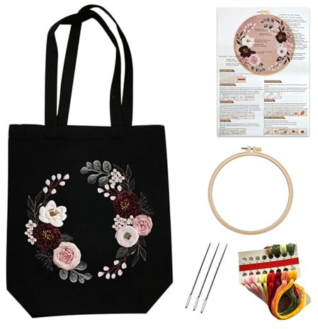 Stickerei Set Erwachsene für Leinen - Kreativ Stickerei Set, Stickset Tragetaschen mit Blumenmuster und Anleitung für Anfänger, Tote Bag Stickset mit Stickrahmen, Fäden und DIY Stickerei Werkzeuge