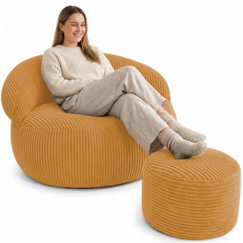 bananair – Puff Salón y Dormitorio en Pana - Puff Sillón XXL Suave y Elegante - Funda Lavable a Máquina - Ideal para Salón y Dormitorio, Adultos y Adolescentes (110 × 100 cm, Amarillo Mostaza)