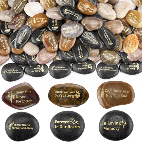 Yuntau 30 Pcs Memorial Stone 1.97 Inch Celebration of Life Favor Inspirational River Rock Engraved in Loving Memory Funeral Favor Decoration for Memorial Day Gift (Deep Color,Classic Style)