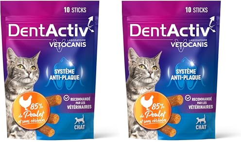 Vetocanis - Dentactiv - Stick Dentaire - Friandises pour Chat Gourmandes - Hygiène et Santé du Chat - Riche en Viande - 85% de Poulet - Système Anti-Plaque (Lot de 2)