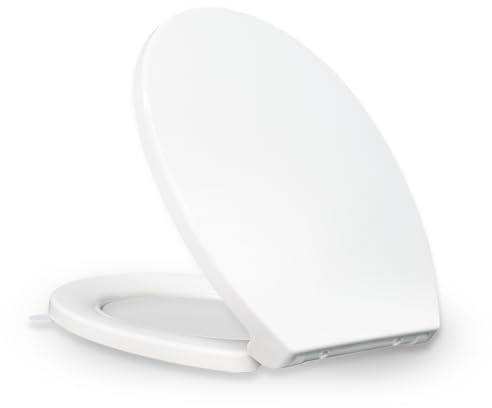 KHE Round Toilet Seat 16.5 Inch, Soft Close Toilet Seat with No-Touch Handle, Quick Release for Easy Cleaning, Non-Slip Bumpers, Durable PP, White