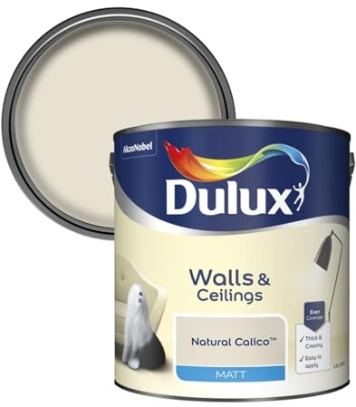 Dulux Walls & Ceilings Matt Emulsion Paint, Long-Lasting, Easy-To-Apply, Quick Drying, Perfect For Living Rooms, Bedrooms, Hallways, Kitchens, Indoor & Outdoor Use, 2.5L, (Natural Calico)