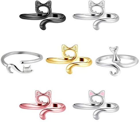SYEYCW 7 Pezzi Anello Uncinetto, Regolabili per Uncinetto, Anelli di Crochet Ring in Metallo, Anello per Maglieria a Forma di Gatto per Dito, Anelli di Tensione, Accessori per Maglieria, Multicolore