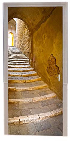 A.Monamour Türtapeten Selbstklebend 3D Steinstufen Treppe Treppenhaus Schmale Gasse Italien Toskana Mittelalterliche Stadt Antike Architektur Türtapete Türposter Tapete 77x200cm