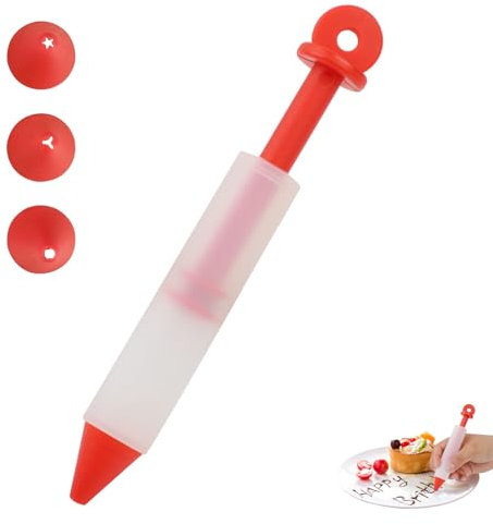 Penna da Scrittura in Silicone Alimentare per Decorare Torte e Caramelle, Penna Decoratrice Alimentare a 4 Ugelli, Cioccolato Strumenti di Decorazione Della Torta Stampo, Siringa, Rosso tranzluzent