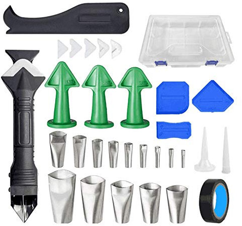 Silikonentferner, 31 Stück Edelstahl Dichtungsdüse Caulking Kit,3 in 1 Fugenkratzer Dichtmittelentferner, Silikon Abzieher Dichtungswerkzeugsatz Für Fensterfliesen-Waschbeckenverbindung in Der Küche