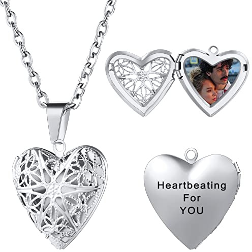 MeMeDIY Collana con Medaglione a Cuore con Immagini, Collana Personalizzata con Foto a Cuore per Donna, Acciaio Inossidabile, Tipo Incavato Argento Catena da 55 cm