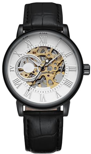 rorios Herrenuhren Mechanische Automatikuhr Leuchtende Uhren mit Lederband Skelett Militär Armbanduhr