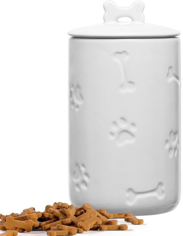 NIXBYO Dog Treat Container Airtight - 9x5 Large Ceramic Dog Treat Jar for Kitchen Counter, White Dog Cookie Jar with Lid - Farmhouse Style Dog Food Storage Container for Dogs, Cats, Pets