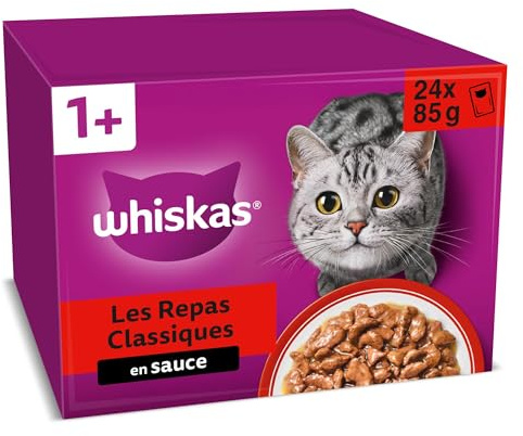 WHISKAS Aliment humide en sauce Chat adulte 24x85g Les Repas Classiques (Lot de 2) 48 Sachets