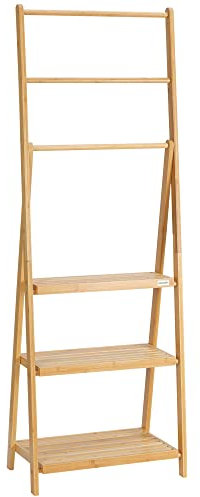 HOMCOM Toallero de Pie de Bambú con 3 Barras Toallero Escalera Plegable con 3 Estantes de Almacenamiento para Baño Lavadero 53x30,5x152 cm Natural