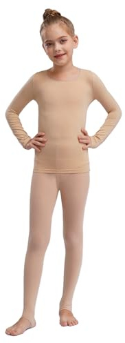 dPois Girls Thermal Underwear Set Kids Base Layer Top and Leggings Set Dance Training Costume Type A Nude 7-10 Years