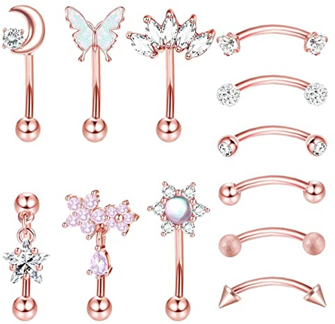 Kakonia 12Pcs Piercing Rook Sourcils Nombril Nez Piercing Oreille Cartilage Tragus Helix Rook Acier Inoxydable Sourcils Anneaux De Lèvres CZ Opale Courbe Barbell Bijoux pour Femmes