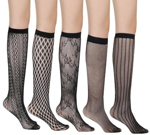 EUPSIIU 5 paires de Mi-bas pour Femme Chaussette,Chaussettes en Résille Mi-Mollet Noires Évidées,Femme Mi-Bas Résille Chaussettes Dentelle, Genou Chaussette Haute Décoratifs,bas femme (Noir)