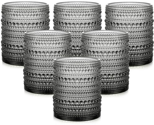 ZMOWIPDL Vintage Glassware Drinking Glasses Set of 6,12 oz Hobnail Glass Cups,Embossed Grey Water Tumbler,for Beer,Cocktail,Whiskey,Juice and Various Mixed Drinks- 1 Cleaning Brush