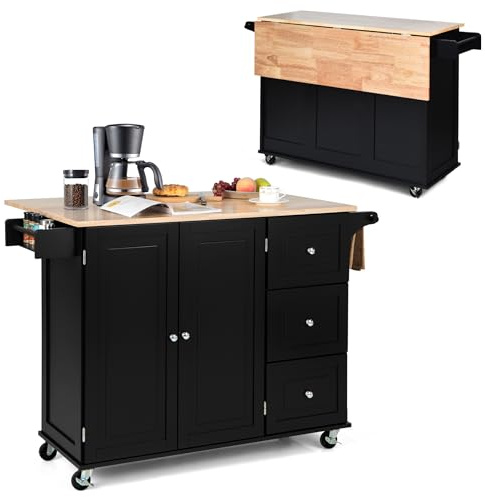 KOMFOTTEU Carro de Cocina con Encimera Plegable, Isla de Cocina con Ruedas, Carro de Servicio con Armario con Puertas y 3 Cajones, Mueble de Almacenamiento con Estantes Ajustables (Negro)
