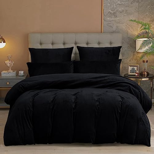 YASMENG Funda de Edredón de Franela 240x260 Cálida para Invierno Negra con Forro Polar Juego de Cama de Franela Suave y Acolchada con Cremallera y Fundas de Almohada 65x65 cm