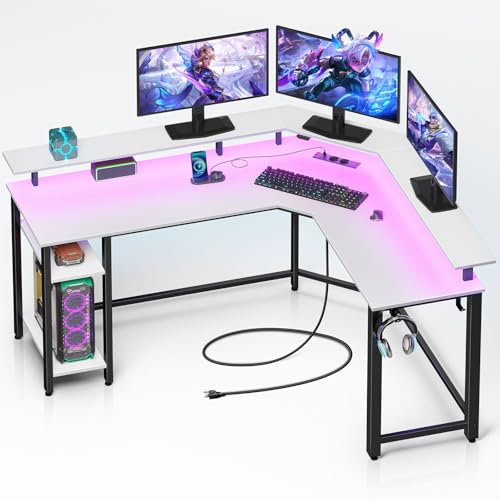 Rolanstar Schreibtisch L Form mit LED & Steckdosen, 117 cm Computertisch mit Monitorständer & Ablagefläche, Reversibler Eckschreibtisch mit 2 Haken, perfekt für Arbeitszimmer Schlafzimmer Büro