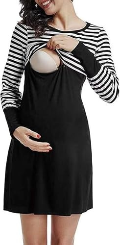 Robe Grossesse Manches Longues Robe d'allaitement Femmes Robe Maternité (FR/ES, Alpha/Lettres, L, Taille Normale, Taille Normale, Noir)