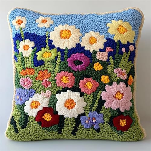 XDEGHUANGSS Kit de almohada con gancho de pestillo para adultos, cojín de alfombra con lona impresa, hilo de ganchillo, gancho y pestillo para decoración del hogar, 43 x 43 cm, flores silvestres