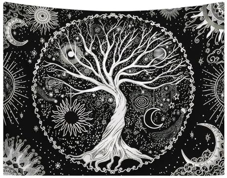 Baum des Lebens Wandteppich, 150x130cm Sonne Mond Tapisserie, Wandbehang Schwarz, Tapisserie Wandbehang, für Schlafzimmer Ästhetik Zuhause Wohnzimmer Wohnheim Dekor (Schwarz Weiß)