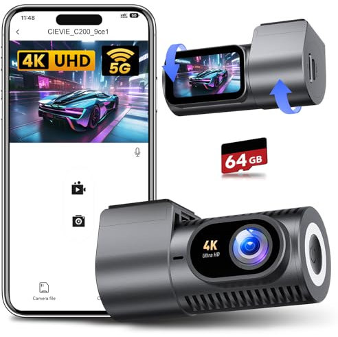CIEVIE Dash Cam Front 4K-1.5 IPS Display, 5GHz WiFi, 64G Card, 360° Rotation Mini Dashcam, Car Camera with WDR Night Vision, 24H Parking Mode, G-Sensor, Loop Recording,170° Angle,Dash Camera for Cars