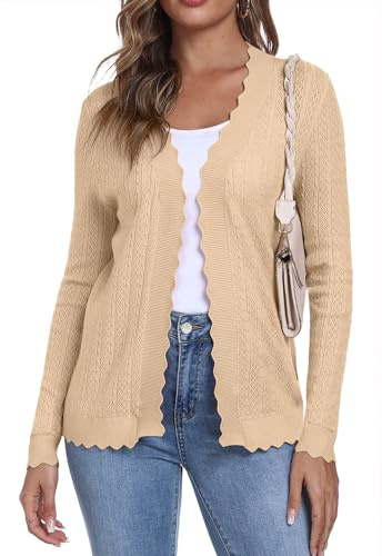 YUNDAI Women's Long Cardigans Summer Lightweight Cropped Knit Shrugs Solid Color Cardigan Long Sleeve Loose Sweater Beach Cover-up, XL Apricot