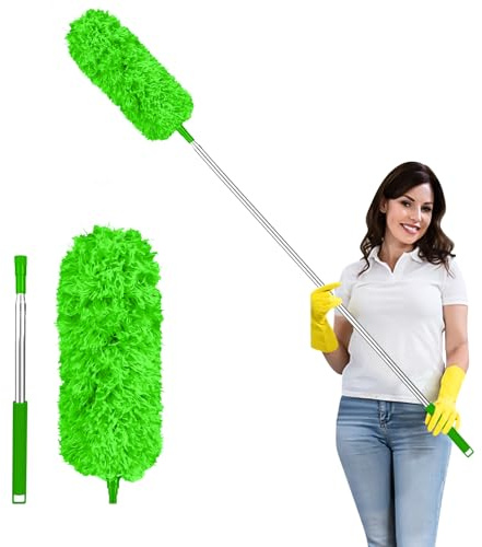 Fogray 2026 Upgraded Extendable Feather Duster with Soft Silicone Cap, Telescopic Long Handled Microfiber Dusters for Cleaning, Cobweb High Ceiling Fan Roof Blinds, Washable & Bendable(Green)