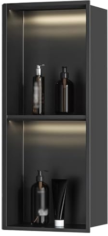 Baodiale Stainless Steel Shower Niche with LED Light Wall Insert Matte Black, Embedded Wall Niche No Tile Needed, Black Bathroom Shower Storage Shelf