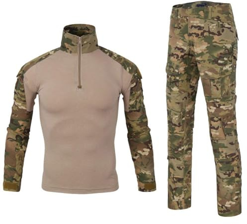 GOBIWM Completo tattico da combattimento da uomo, a maniche lunghe, con maglietta mimetica e pantaloni, tuta da trekking multitasche, 1, XS