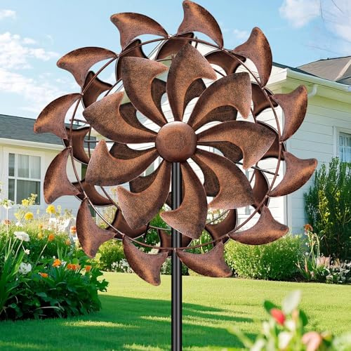 pearlstar Windrad Garten,Rostfarbenes Metall Windspiel mit Gartenstecker,Höhenverstellbares Windspiele für Draußen Stehend,Gartendeko für Balkon, Rasen und Terrasse