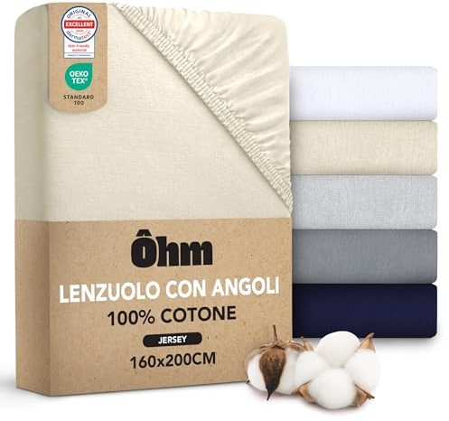 Ôhm Lenzuolo con Angoli Matrimoniale 160x200 cm Beige – Jersey 100% Cotone Elasticizzato – Morbido e Traspirante – Angoli 28 cm per Materassi Alti – Certificato OEKO-TEX
