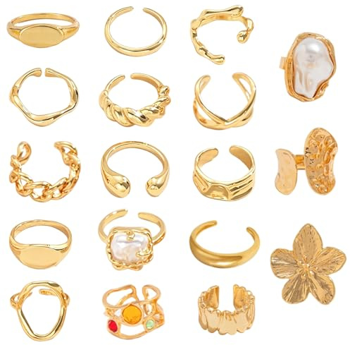 JSTHHTT 18 Pcs Bague Femme Vintage Réglable, Ensemble de Bagues Empilables en Or, Bague Femme Or, Dôme épais Tressé et Torsadé à La Mode, pour Les Femmes Knuckle Midi Rings