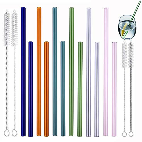 MIXIAO Glas Strohhalme Mehrfarbig gerade LFGB Zertifizierung 12er Set - 6 x 21.5cm 6 x 15cm + 4 Reinigungsbürste Wiederverwendbare Glas Trinkhalme gesund umweltschonend frei von BPA