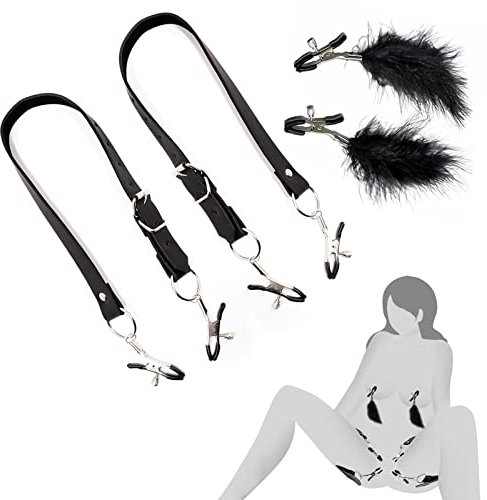 Set BDSM,Clitorial Labia Clamps con Cinghie Divaricatori Regolabile + Capezzoli Pinze con Piume,Clip Vaginale Seno Morsetti Sex Toys Fetish Sesso Torture Restrizioni per donne
