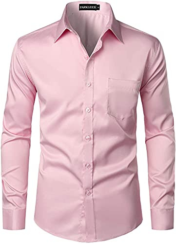 PARKLEES Camisa de vestir urbana elegante informal de negocios, ajustada, de manga larga, con botones y bolsillo para hombre