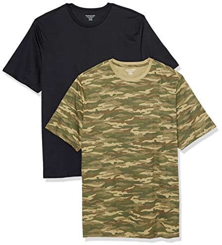 Amazon Essentials T-shirt en Coton à Col Rond à Manches Courtes, Coupe Classique Homme, Lot de 2, Imprimé Motifs Camouflage/Noir, XL