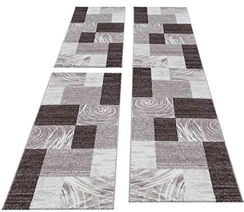 Carpettex Bettumrandung Schlafzimmer 3teilig Kurzflor Teppich Kariert Muster Braun Beige Bettset:2 mal 80x150 cm + 1 mal 80x300 cm - Bettvorleger Schlafzimmer Läufer Set Weicher Bettumrandung Teppich