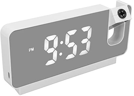 Projektionswecker für Schlafzimmer, 180° Projektor Digitalwecker mit Großem LED Bildschirm, Digitaluhr HD LED Wecker mit Uhrzeit Datum Temperaturuhr für Schwerschläfer (Weiß)