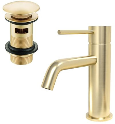 Nes Home Modern Deck Mounted Brushed Brass Round Single Lever Basin Mono Mixer Tap + Waste