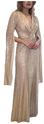 FRESQA Robe de soirée drapée à Paillettes, col en V, Sexy, Longue, Moulante, Mode Femme, Robe de soirée élégante
