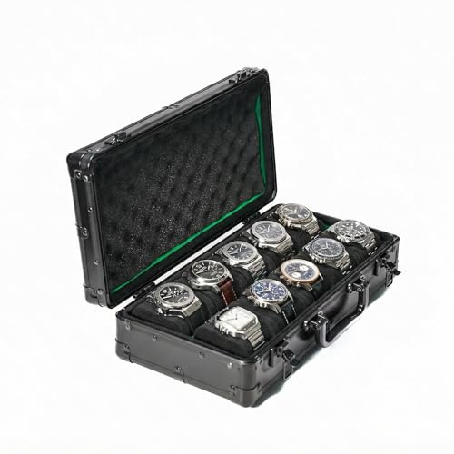 MATGEUT Caja de almacenamiento de aluminio para relojes, organizador de relojes de lujo con 10 ranuras, soporte para caja de transporte, caja de almacenamiento para relojes de todos los tamaños (forro
