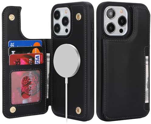 SailorTech for iPhone 12 Pro Max Case with Credit Card Holder Magsafe, iPhone 12 Pro Max Phone Leather Case for Women Compatible mag safe Card Slots Durable Shockproof Wallet Case - Black